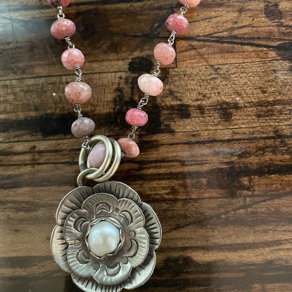 Custom made pink stone, freshwater pearl and sterling silver necklace